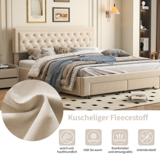Beige Samt Bett mit Kopfteil, Gasdruckfeder und großem Stauraum 180x200