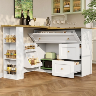 Ausziehbarer Bartisch mit Stauraum, Küchenschrank, Sideboard mit Snackregal, Teleskopischer Bartisch, Stehtisch Bistrotisch Hochtisch Kücheninsel, weiß, 138-204×39×105cm