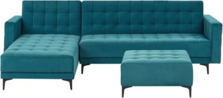 4-Sitzer Ecksofa Samtstoff seeblau schwarz rechtsseitig mit Schlaffunktion Ottomane ABERDEEN