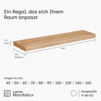 LAMO Manufaktur Wandregal Pure: ohne Montage Set 40 cm, Komplett-Set, 40mm stake Massivholzplatte