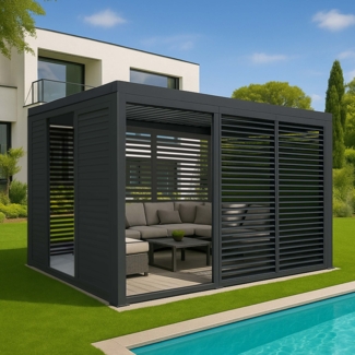 Alu Pergola HWC-L46, Pavillon Terrassenüberdachung, 6x Lamellenpaneel 6x Schiebetüren, 11cm-Gestell, 3x3 m ~ anthrazit
