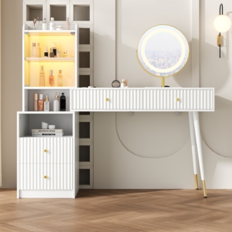 Kommode/Schminktisch 100x40x125 cm, weiß, LED-Spiegel dreifarbig, 4 Schubladen & beleuchtete Glasvitrine