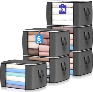 6er Pack 90L Große Aufbewahrungstasche mit Deckel für Kleidung Bettdecken - Grau
