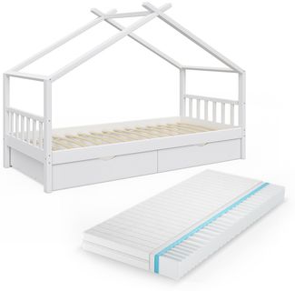 Hausbett Design Weiß 90x200 cm mit 2 Schubladen und Matratze Vitalispa