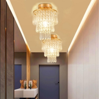 oyajia Deckenleuchte 2 Stück Goldene Kristall Kronleuchter, 3-stufige Deckenleuchte E14, LED wechselbar, Ø20x28cm Chrom-Stil Deckenleuchte, Mini Unterputz-Deckenleuchte