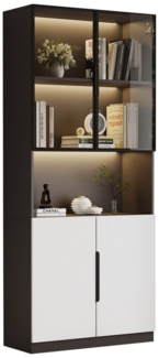 BlingBin Vitrine Moderne Minimalistische Standvitrine mit Glastüren und LED-Leuchten (1er Set, 1-St, 80*30*200cm, Tragend: 30KG, Weiße Türen mit Schwarzer Dekoration) Bücherregal für Sammlerstücke, Einstellbare Farbtemperatur & Helligkei