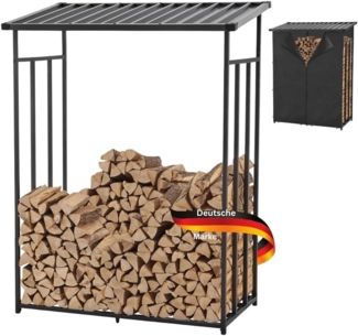 DELUKE® Kaminholzregal außen RONNI - mit Abdeckplane 130x185x70cm Stahl Holzunterstand für Brennholz außen Metall Unterstand für Kaminholz Brennholzregal Feuerholzregal Schwarz