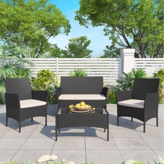 BIGZZIA Gartenlounge-Set Gartenmöbel-Set für den Außenbereich aus Rattan, 4-teilig, für 4 Personen, inklusive 1 Sofa, 2 Sessel, 1 Tisch