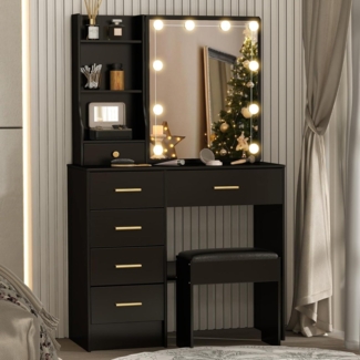 Schminktisch mit Beleuchtung und Hocker, Schwarzer Frisiertisch mit Spiegel 3