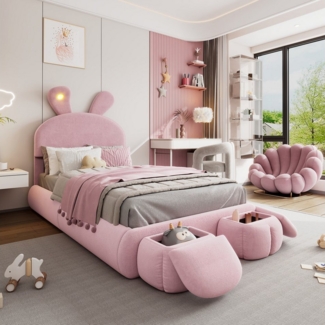 TavilaEcon Polsterbett Einzelbett mit einstellbarer Helligkeit warmfarbenen Lichtstreifen, mit kleinen Aufbewahrungshockern & sabilen Lattenrosten, 90×200 cm