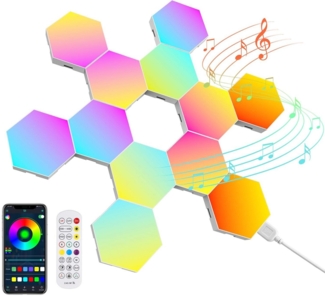 BlingBin LED Panel 12pcs Hexagon LED Platten, Smart Gaming Panel Sechseck Wandleuchte, mit Fernbedienung, LED fest integriert, RGB, Musik Sync App Steuerung, Hexa Wandbeleuchtung Smart Sechseckige