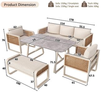 Celya Gartenlounge-Set Gartenlounges, Gartenmöbel Set Rattan mit Sofa und Esstisch, (für Terrasse, Balkon, Garten, Gartensofa mit waschbaren Kissen, verstellbaren Füßen), PE-Rattan Sitzgruppe inkl. Beistelltisch, Beige