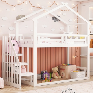 Etagenbett mit 2 Schlafgelegenheiten, Treppe und 1 Lattenrost, 90x200 cm, Kinderbett mit Rausfallschutz, Jugendbett, Hausbett, Kiefer