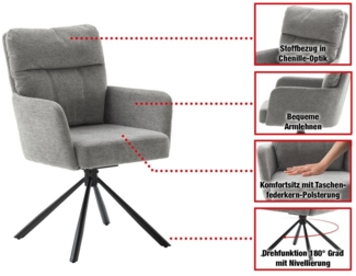 Massivart® Polsterstuhl drehbar, Esszimmerstuhl mit Taschenfederkern, Chenille-Optik, »UTICA«, Armlehnen · Metallgestell matt schwarz · Rückholfunktion