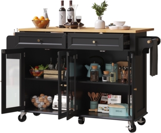 Sideboard 140 x 72,5 x 90 / 140 x 44,5 x 90 cm, mobil & klappbar mit 5 Rollen, MDF/PB, Sicherheitsglas, schwarz