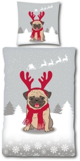 Casa Colori Bettwäsche Fleece Winter mit RV Garnitur 2 tlg. 135x200 cm, Fleece, 2 teilig, Grau mit Hund Mops