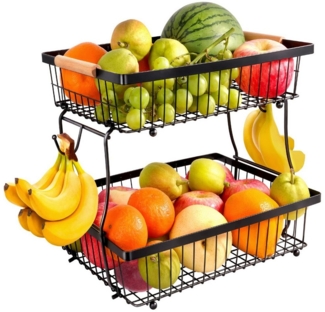 BlingBin Obstschale 2 Ebenen, Obst Etagere für Küche, Gemüsekorb mit Holzgriff und haken, Eisen, (Bananenaufhängern, Küchenaufbewahrung, 1-tlg), für Zwiebeln, Kartoffeln, Brot, Gemüse- Abnehmbarer Obst Aufbewahrung