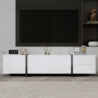 TV-Schrank, Lowboard, wei?er Hochglanzschrank und schwarz abgesetzte Tischbeine, mit schlichten Schranktren und Schubladen.