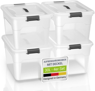 Juskys Aufbewahrungsbox mit Deckel, 4er-Set, stapelbar, Kunststoff transparent, 30 Liter