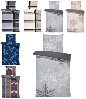 One Home Bettwäsche Winter, Biber, 4 teilig, Kristalle Schneeflocken, kuschelig flauschig warme weiche Baumwolle