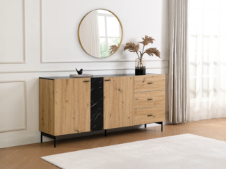 Vente-unique - Sideboard mit 2 Türen & 3 Schubladen - MDF & Metall - Holzfarben hell & Marmor-Optik Schwarz - LIOMENA von Pascal Morabito