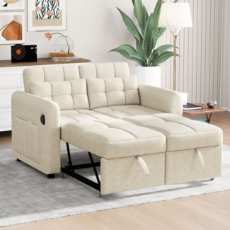 Merax Schlafsofa 3-in-1 Ausziehsofa, Sofa mit Schlaffunktion für Wohnzimmer, Schlafzimmer, mit verstellbarer Rückenlehne, USB-Anschluss, Seitentasche & Kissen