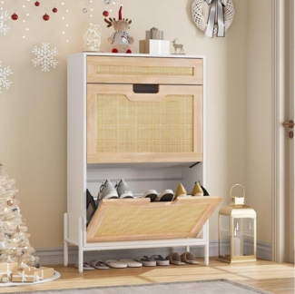 GarveeMore Schuhschrank Rattan mit 2 Flip Tür und 1 Schublade,4 Einstellbar Ablageflächen Schuhkipper,Schuhkommode Schmal für Eingang,Flur,61 x 24 x 102 cm