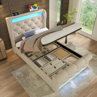 Merax Polsterbett Einzelbett 90x200cm, mit LED-Leuchten,Stauraum-Kopfteil mit USB- und Typ-C-Anschlüssen, Hydraulisches Stauraumbett, Samt, Beige