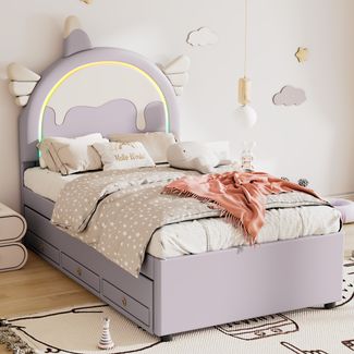Bett 90x200 cm mit ausziehbarem Rollbett in Violett – Einhorn-Design für Kinder