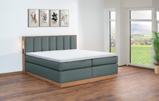 Meisterbetten Boxspringbett Sely mit Holzdekor Eiche Cognac 160x220 in LM-Moorblau, Matratzenbezug Nano, Midisoft-Topper