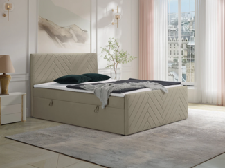 Vente-unique - Deko-Komplett-Set mit Bett-Kopfteil + Bettgestell mit Bettkasten + Matratze + Topper - 180 x 200 cm - Samt - Taupe - MAKANA von YSMÉE