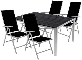 5tlg Gartenmöbel Set Alu Non-Wood 180x90x74cm + 4 Klappstühle Silber/Schwarz