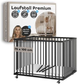 Sämann Laufstall Baby mit Matratze Cloud Air, Schlupfsprossen & Lattenrost | stufenlos höhenverstellbar | Laufgitter Premium | Babybett aus Holz | Krabbelgitter (schwarz, 75x100 cm)