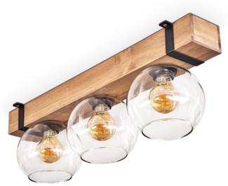 hofstein Deckenleuchte Deckenlampe aus Metall/Holz/Glas in Schwarz/Natur/Klar, ohne Leuchtmittel, im Holzbalken 60cm u. Glaskugeln Ø15cm, 3x E27, ohne Leuchtmittel