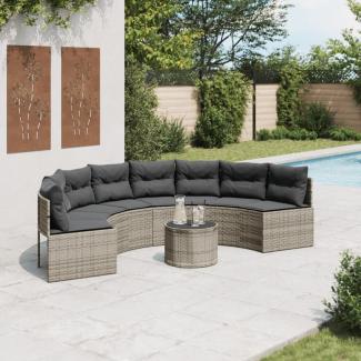 vidaXL Gartensofa mit Tisch und Kissen Halbrund Grau Poly Rattan 3318527