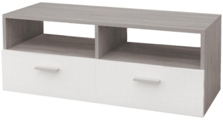ML-DESIGN Lowboard TV-Schrank aus Holz mit Stauraum 2 Klapptüren und 2 offenen Fächern, Fernsehschrank 95x36x35cm Weiß/Grau mit Schublade und 2 Glas Ablagen