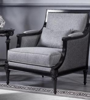 Casa Padrino Luxus Barock Sessel Grau / Schwarz - Prunkvoller Wohnzimmer Sessel - Barockstil Wohnzimmer Möbel - Luxus Möbel im Barockstil - Barock Einrichtung - Edel & Prunkvoll