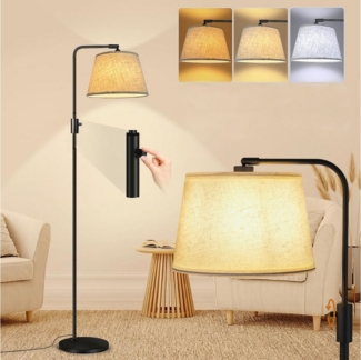 LMaxhome LED Stehlampe Dimmbar Stehleuchte Wohnzimmer Retro Stoffschirm 173cm Leselampe, Knopf-Steuerung, LED fest integriert, 3 Colour Temperatures(3000K-6000K), Augenschutz mit E27 Bulb/Drehbarer Hängelampenschirm, für Schlafzimmer
