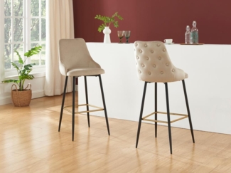 Vente-unique - Barhocker 2er-Set - Samt & schwarzes Metall - Beige - VEVLINA