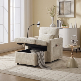 OKWISH Sofa Einzelsofa Loungesofa, Multifunktionales Faulenzersofa mit Handyständer, Stauraum & Chenille-Stoff, Komfortabler Einzelstuhl, für Wohnzimmer, Schlafzimmer & kleine Haushalte, bis 250 kg