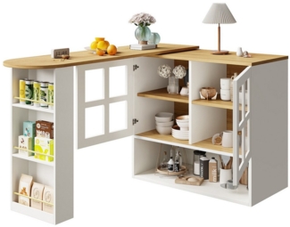 OKWISH Bartisch 360° Drehbarer Bartisch,Kücheninsel,mit Stauraum (Stehtisch – Modernes Sideboard mit 5 Ablageflächen, Ausziehbar (138-204 cm), Snackregal und Glastüren)