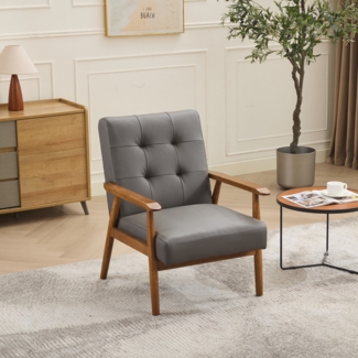 Echtleder Loungesessel Grau,Wohnzimmer Sessel mit Pull-Point, Massivholz Kautschukholz,Handgefertigt,Fauteuil,bis 150 kg