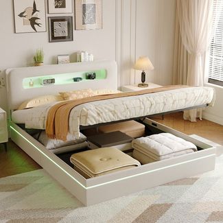 PXloue Polsterbett LED Doppelbett 140x200 cm (USB-Ladeanschluss), Bettkasten, Ladefunktion, Teddysamt, 140x200