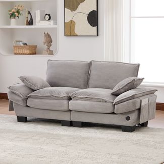 Flieks 2-Sitzer-Sofa mit USB-C-Anschluss & Seitentaschen, Dicke Kissen, Corduroy, Hellgrau