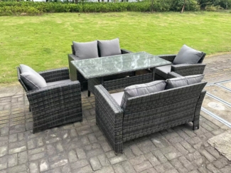 Fimous 6 Sitzer Outdoor Dunkelgrau gemischt Hoher Rücken Rattan Sofa Esstisch Set Gartenmöbel Sesseln Liebe Sofa