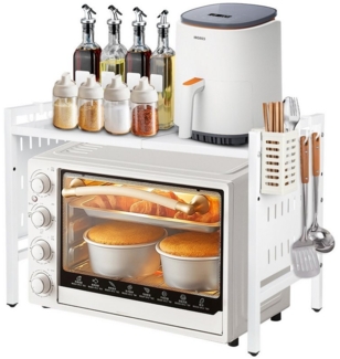 JEOBEST Regal Erweiterbares Mikrowellen Regal 38-67cm mit 6 Haken, Essstäbcheneimer, Küchenorganizer Küchenregal Arbeitsplatte, Stahl, Rutschfeste Füße