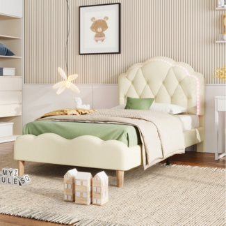 TavilaEcon Polsterbett Kinderbett Einzelbett, Wellenförmiges Kopfteil mit Zugpunktleiste, wechselnden LED-Streifen, 90x200cm