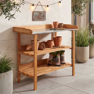 Pflanztisch HWC-O14, Gärtnertisch Blumentisch Pflanzregal, Outdoor Holz Tanne FSC®-zertifiziert, 86x92x41cm ~ natur