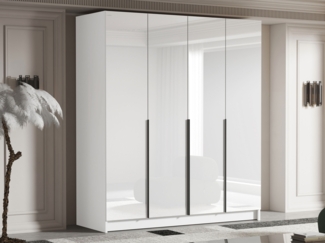 Drehtürenschrank Salkor I, Kleiderschrank mit 4 Türen (Farbe: Weiß / Weiß Hochglanz + Gold)