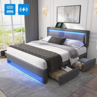 Merax Polsterbett LED Doppelbett 160x200cm mit USB-Anschluss und 4 Schubladen, grau